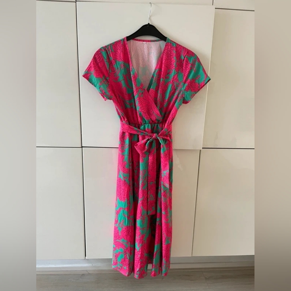 Vibrant Pink & Teal Wrap Maxi Dress - Women's